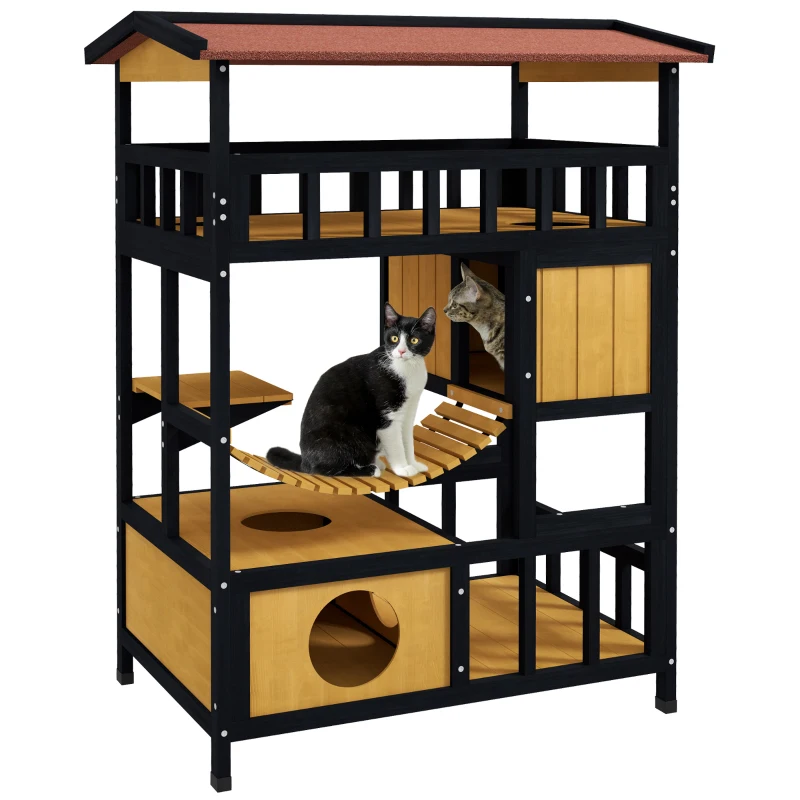 PawHut Casa per gatti, Paradiso per Gatti con Piattaforme, Ponte Oscillante e Grotte per Gatti, Adatta per 2 Gatti, Legno