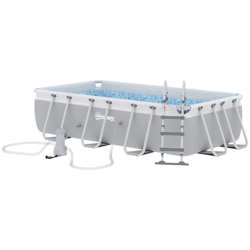 Outsunny Piscina rectangular elevada tubular con escalera, bomba y filtro, acero y PVC - 425x230x101 cm, Gris