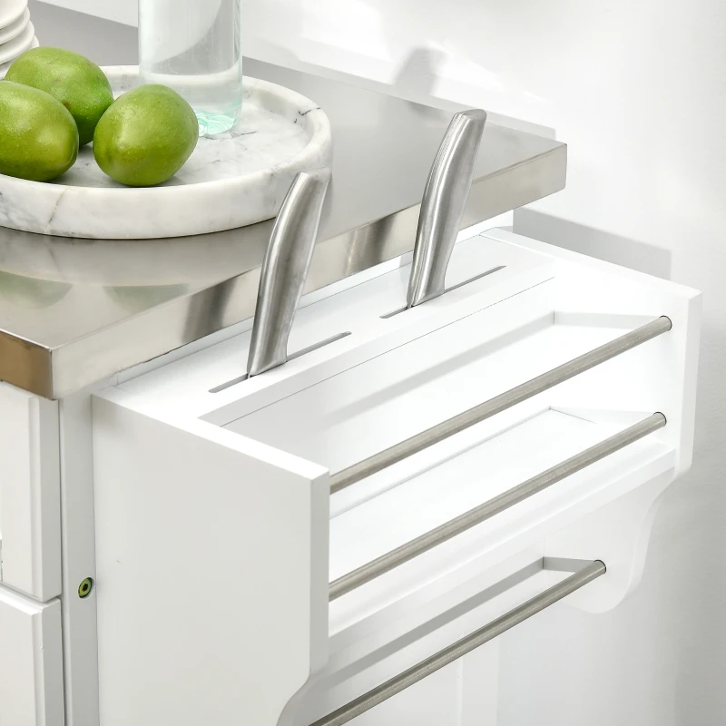 HOMCOM Küchenwagen Kücheninsel mit Edelstahlplatte, verstellbarem Regal, Schublade, Gewürzregal, weiß