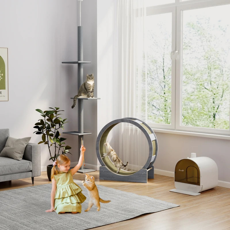 PawHut Ruota per Gatti 91 cm con Freno, Tappetino Tiragraffi, Noce