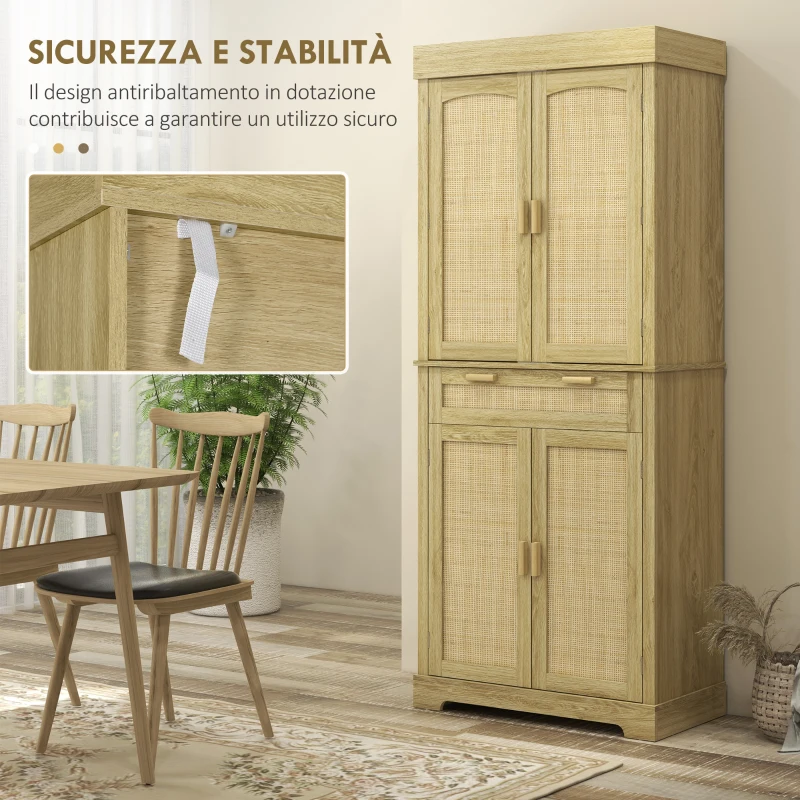 HOMCOM Credenza Cucina Stile Boho con 2 Armadietti, Cassetto e Portaspezie in Legno e Rattan, 76x40x183cm, Rovere