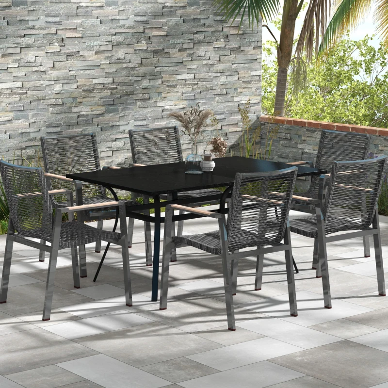 Outsunny Mesa de jardín mesa de terraza rectangular para 6 personas con patas de acero para jardín, césped, balcón, Negro