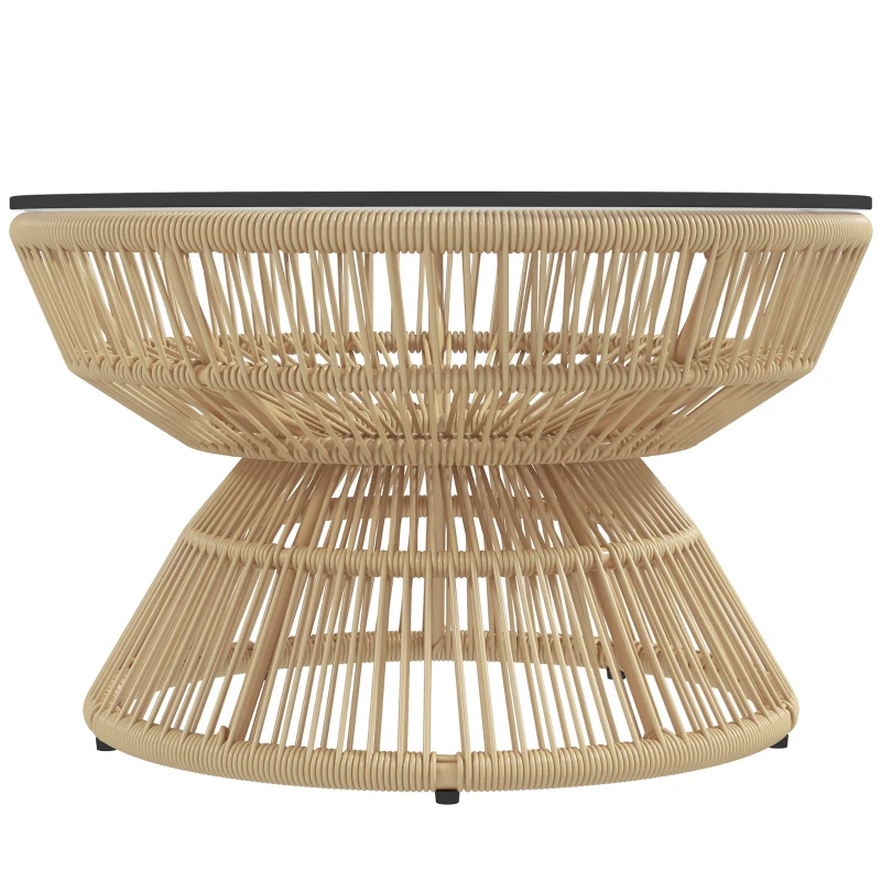 Outsunny Tavolino da Giardino Rotondo, Tavolino d'Appoggio in Resina Effetto Rattan e Piano in Vetro Temperato, Ø60 x 37H cm, Legno naturale