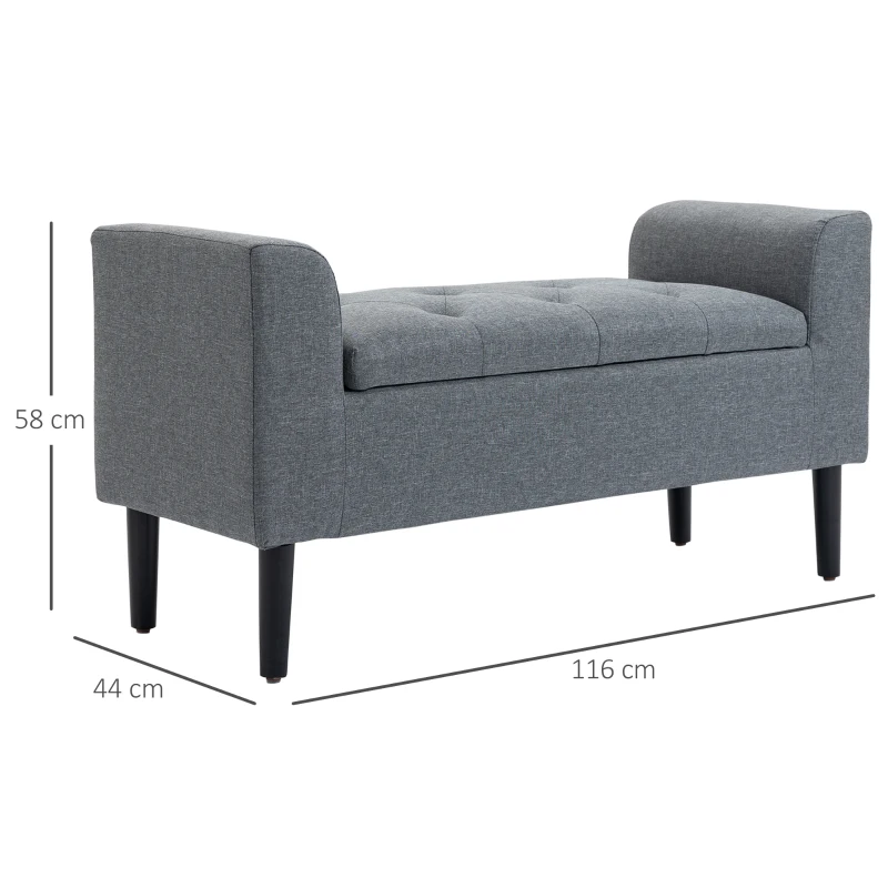 HOMCOM Banc de rangement, banc rembourré, résistant jusqu'à 130 kg, aspect lin, bois de caoutchouc, 116 x 44 x 58 cm, Gris clair