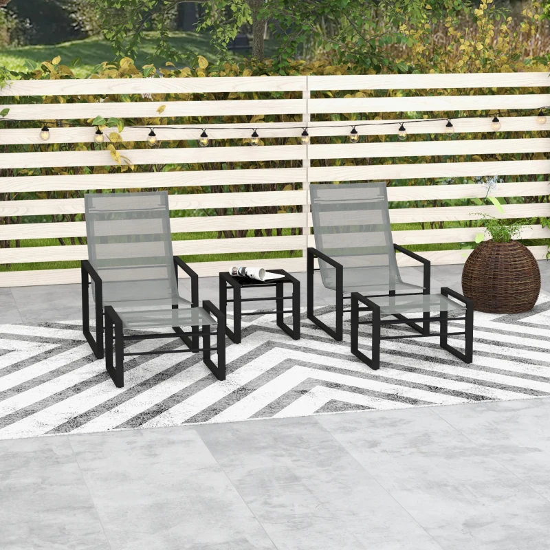 Outsunny Conjunto de jardín de 5 piezas para 2 personas con 2 sillas, 2 reposapiés y 1 mesa, metal Negro, asiento de malla de tela Gris