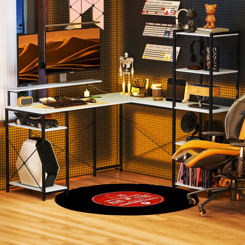 HOMCOM Bureau d'Angle avec Prise Électrique et USB, Étagère et Support de Moniteur, Blanc et Noir