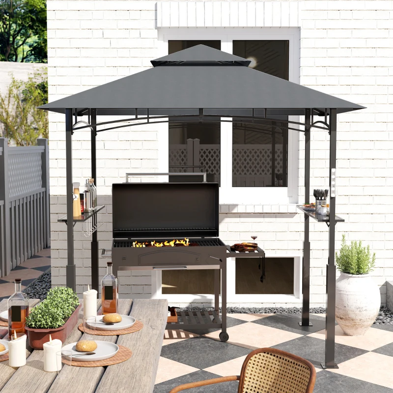 Outsunny Pérgola de barbacoa de dos niveles toldo de recepción para jardín con luz LED 240x150x250 cm Gris oscuro