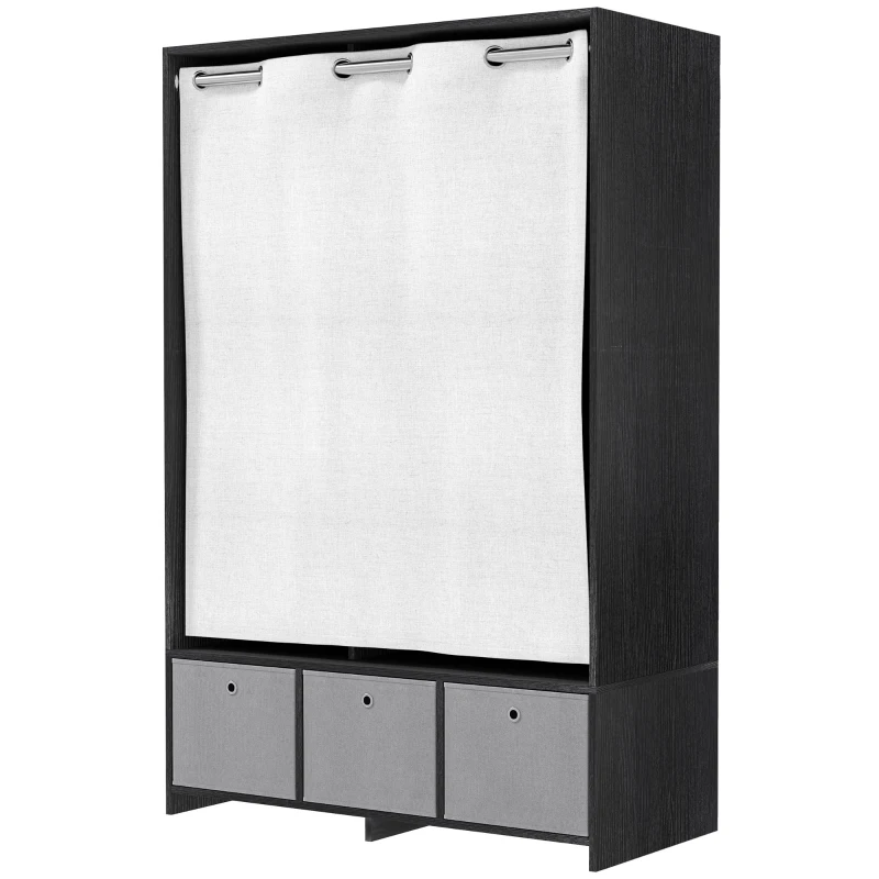 HOMCOM Armadio Appendiabiti con Asta, Tende, 3 Ripiani e 3 Cassetti in Tessuto Rimovibili, 105 x 48 x 160 cm, Nero