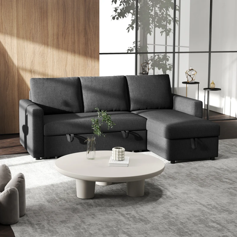 HOMCOM Divano angolare convertibile modulabile con chaise longue reversibile, contenitore e 3 cuscini per lo schienale, nero