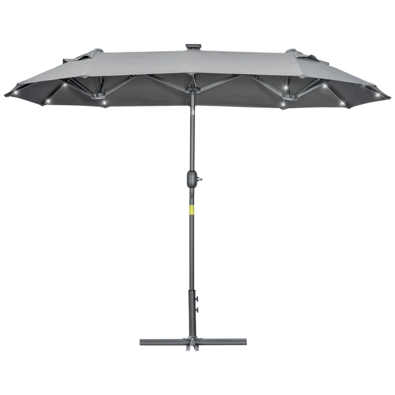 Outsunny Doppelter Sonnenschirm mit Kreuzsockel und Solarlichtern, 295x150x219cm, Grau