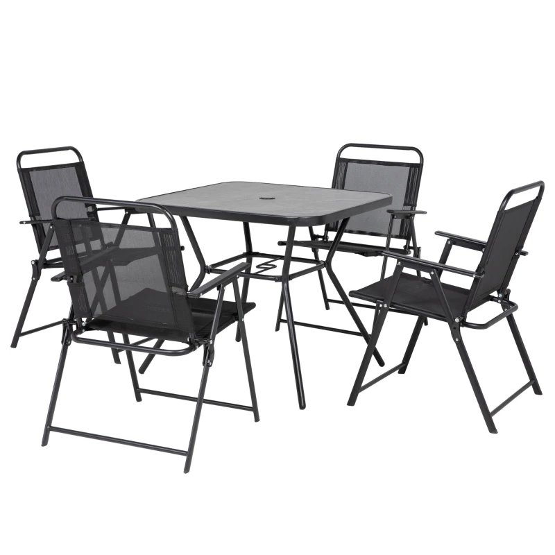 Outsunny Conjunto de jardín 1 mesa cuadrada y 4 sillas plegables conjunto de jardín en metal epoxi para 4 personas - Negro