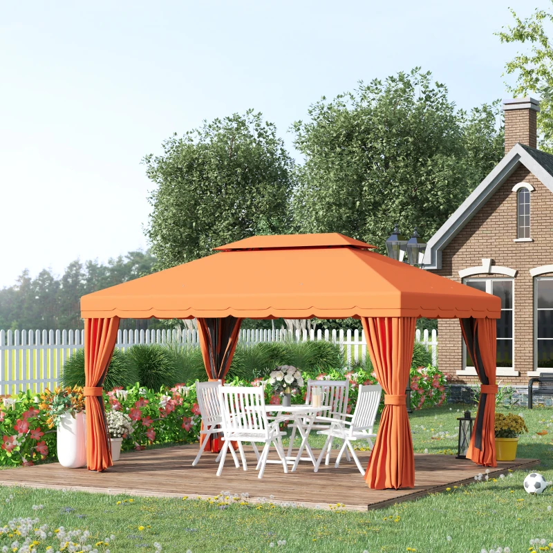 Outsunny Gazebo de Jardin 4x3m avec Double Toit et Rideaux Latéraux, Orange
