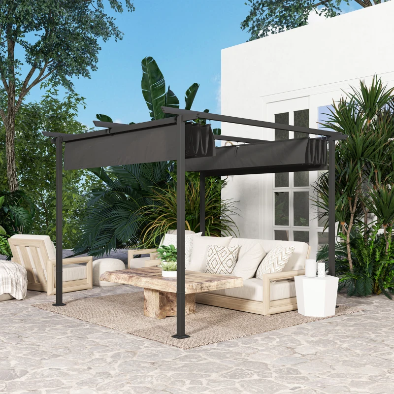 Outsunny Pergola da Giardino 3 x 3 m con Tetto Regolabile, Struttura in Metallo, Protezione UPF30+, Pergola per Veranda o Terrazza, Grigio Scuro