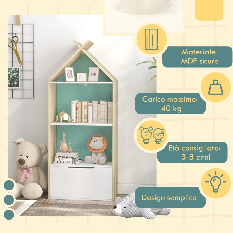 AIYAPLAY Libreria per Bambini a 3 Ripiani con Cassetto e Dispositivo Antiribaltamento, 50x30x119.5cm, Verde