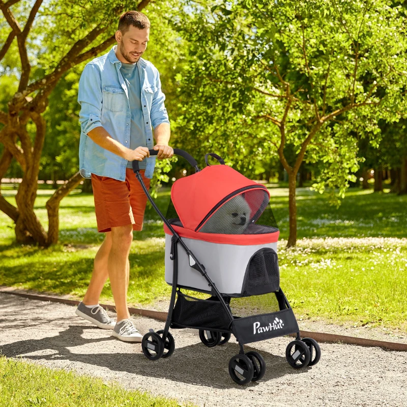 PawHut Poussette pour Chiens Pliable avec Transporteur Amovible et Capote, 82x49,5x98 cm, Rouge