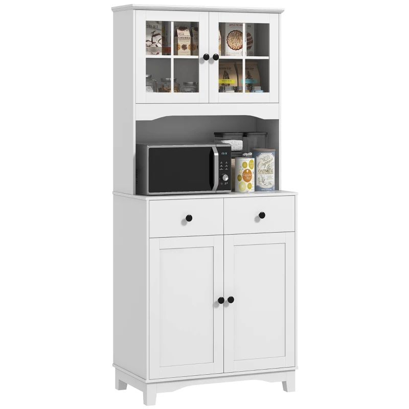 HOMCOM Armadio da cucina indipendente con piano di lavoro per forno a microonde, macchina del caffè, armadi, porte in vetro, Bianco