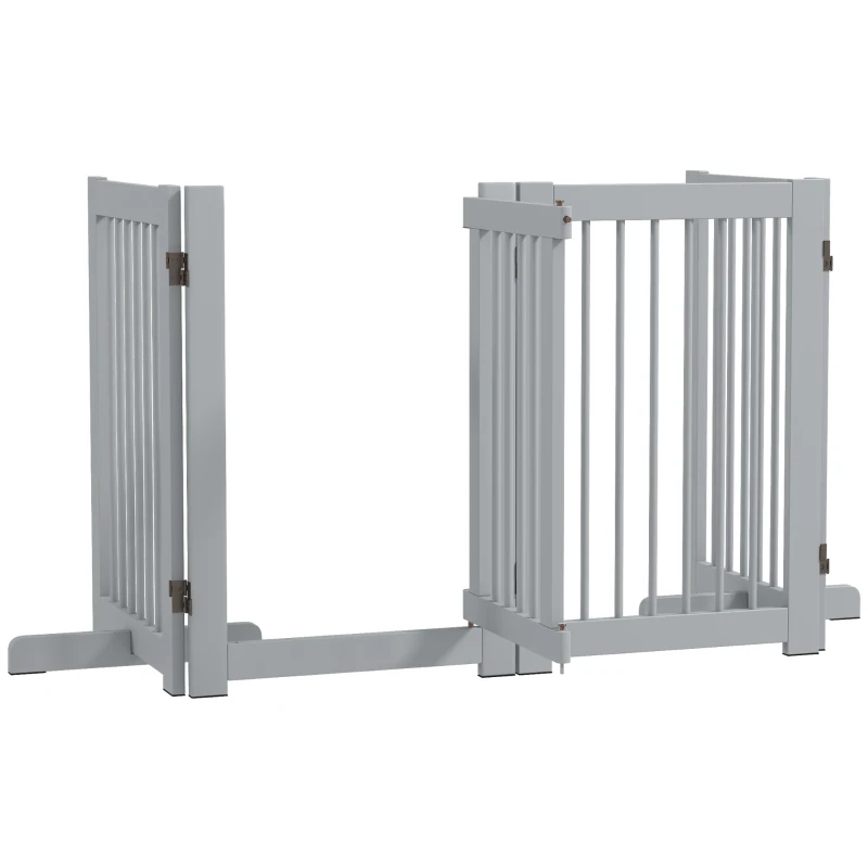 PawHut Barrera de protección para perros independiente, 4 paneles, flexible, madera de pino, 204x36x75 cm, Grisclaro