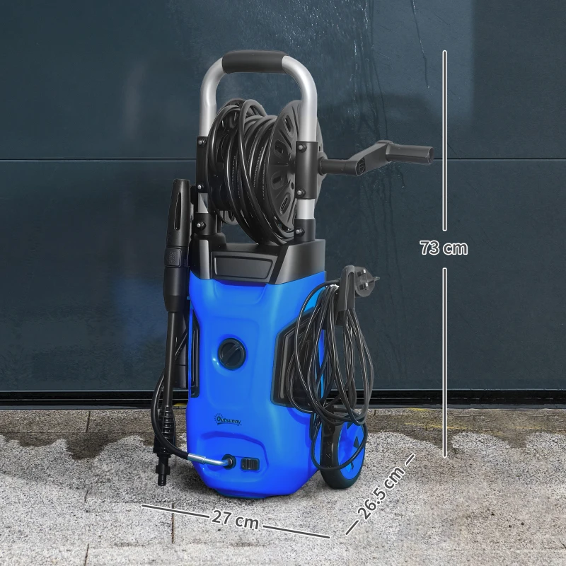 Outsunny 1800W High Pressure Washer, 150 Bar Pressure, 420 L/h Flow, Portable Power Washer Jet Wash Cleaner with Adjustable Nozzle, 6M Hose, Hose Reel, Steel Handle for Home Patio Car Driveway, Blue