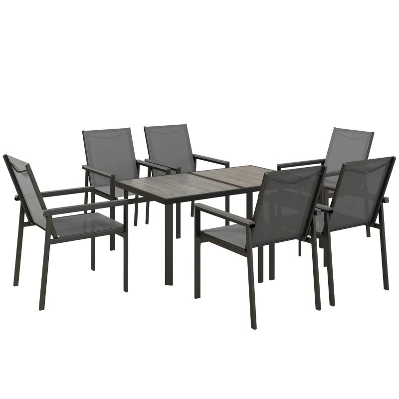 Outsunny Set da Giardino 7 Pezzi con 1 Tavolo da Pranzo e 6 Sedie, Piano in Vetro Temperato Effetto Legno Grigio