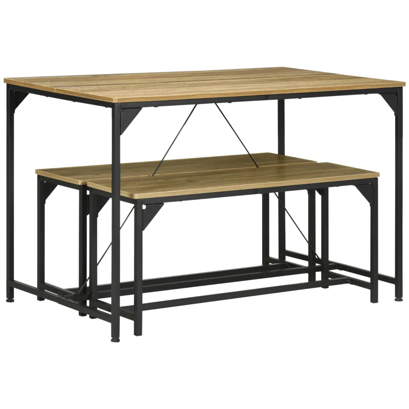 HOMCOM Set Tavolo da Pranzo e 2 Panche, Struttura in Acciaio, 4 Persone, per Cucina, Sala da Pranzo, Salotto, Naturale e Nero