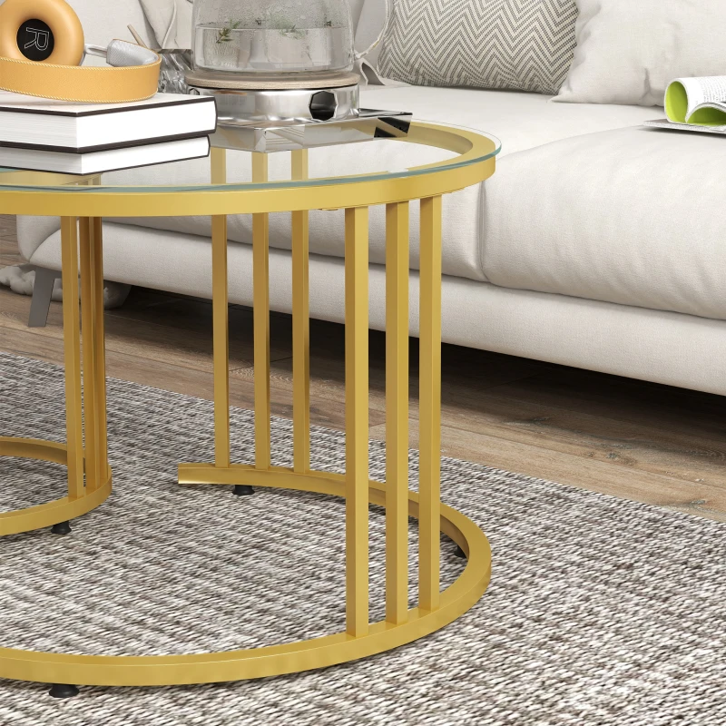 HOMCOM Conjunto de 2 mesas auxiliares nido redondas 60/40 cm tablero cristal templado y pie de acero al carbono diseño moderno dorado