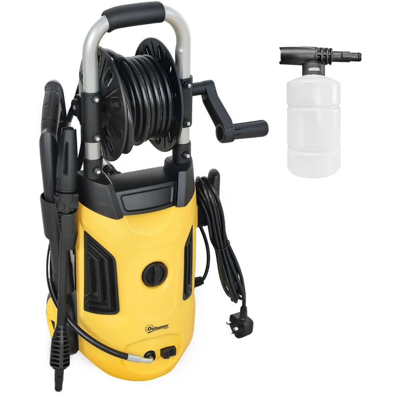 Outsunny 1800W High Pressure Washer, 150 Bar Pressure, 420 L/h Flow, Portable Power Washer Jet Wash Cleaner with Adjustable Nozzle, 6M Hose, Hose Reel, Steel Handle for Home Patio Car Driveway, Yellow