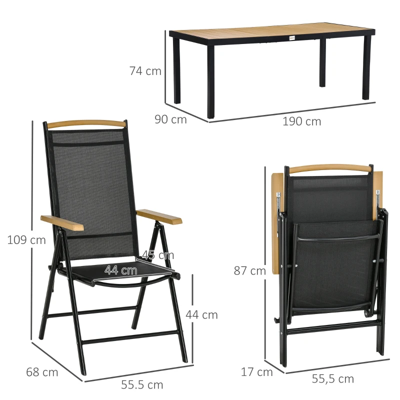 Outsunny Outdoor Gartenmöbelset 6 Personen, Aluminiumrahmen, 190 cm Tisch, 6 klappbare und verstellbare Stühle, Schwarz