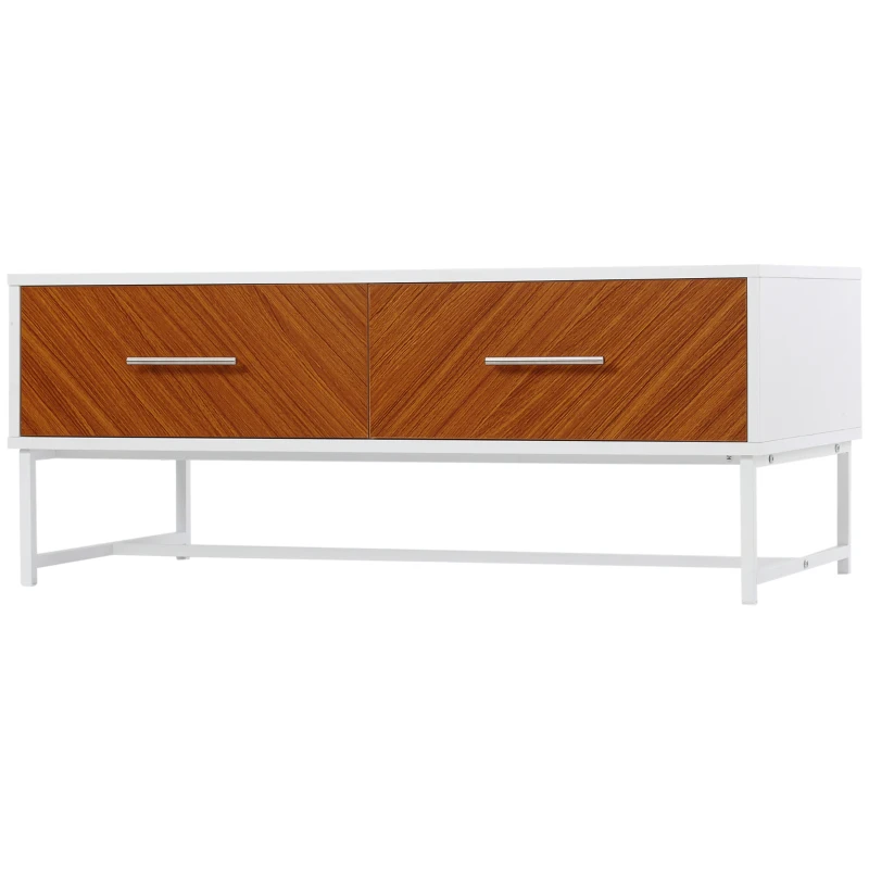 HOMCOM Mesa de Centro con 2 Cajones y Estante Abierto en Madera y Metal 100x50x40 cm Blanco y Marrón