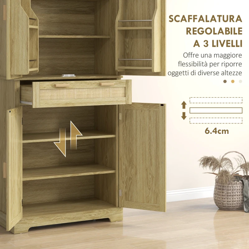 HOMCOM Credenza Cucina Stile Boho con 2 Armadietti, Cassetto e Portaspezie in Legno e Rattan, 76x40x183cm, Rovere