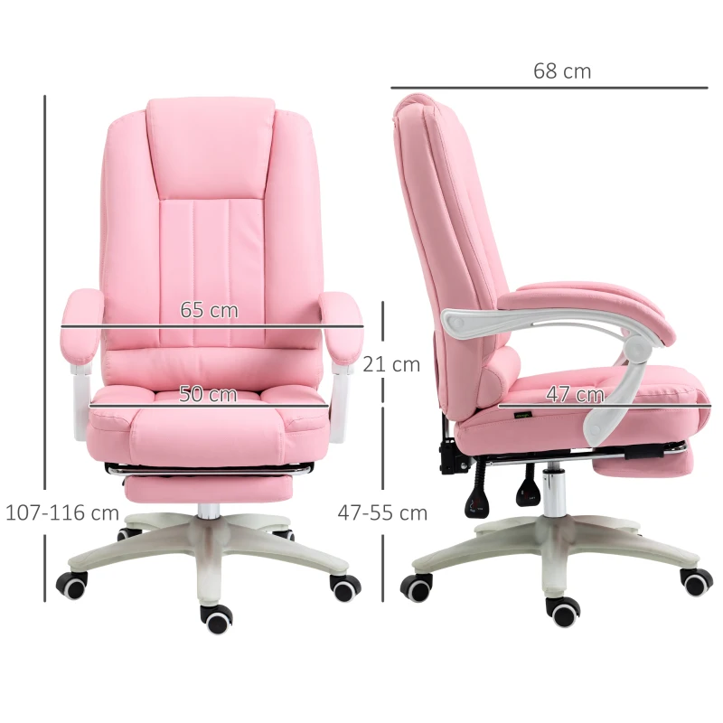 Vinsetto Chaise de bureau avec repose-pieds, dossier réglable, réglable en hauteur, 5 roulettes, Rose + Blanc