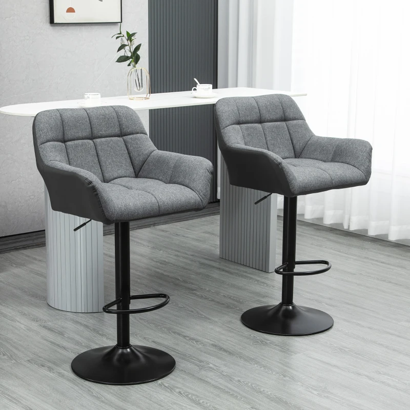 HOMCOM Set di 2 Sgabelli da Bar dal Design Retrò Regolabili in Altezza, Ecopelle, Effetto Lino, Grigio e Nero
