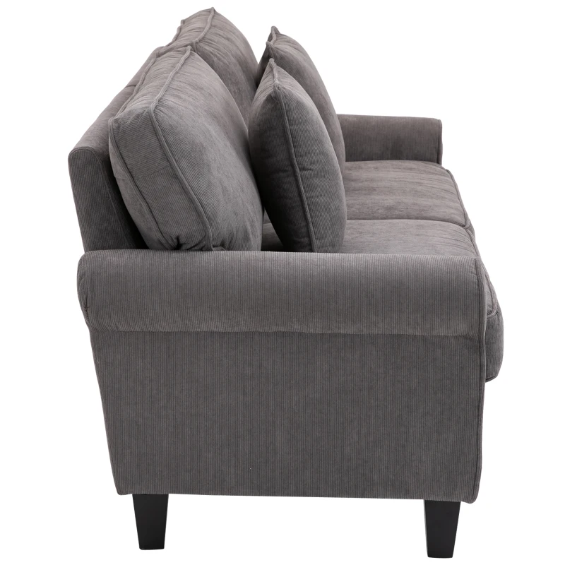 HOMCOM 3-Sitzer-Sofa aus geripptem Samtstoff, Sofa für Wohnzimmer, 197 cm, mit gepolsterten Armlehnen und Rückenlehne, Sofa mit 2 Kissen, massiven Pinienholzbeinen, für Wohnzimmer, Schlafzimmer, Büro, Grau