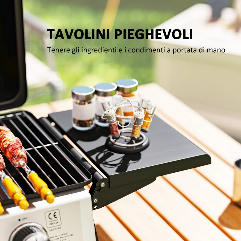 Outsunny Barbecue a Gas Portatile con 2 Bruciatori e Coperchio con Termometro, Nero