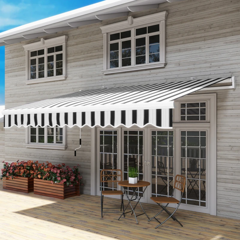 Outsunny handmatige knikarmluifel 4m met handslinger balkonluifel zonwering wandmontage balkon aluminium wit + blauw 395 x 245 cm