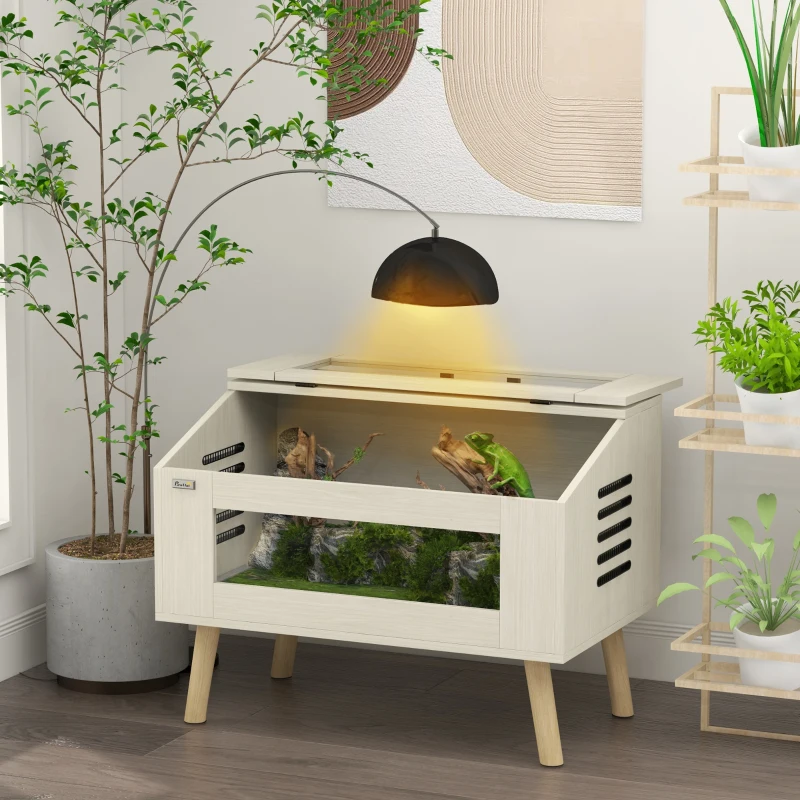 PawHut Terrario per Rettili 111L con Finestre in Vetro Temperato, Coperchio, 80 x 50 x 60 cm, Legno Naturale