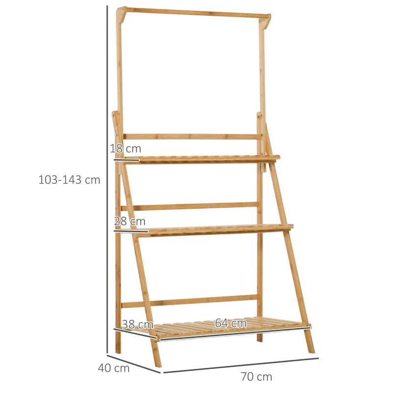 Outsunny Estantería de Flores Soportes de Macetas Porta Plantas en Madera de Bambú 3 niveles + Barra de Soporte para Macetas Colgantes