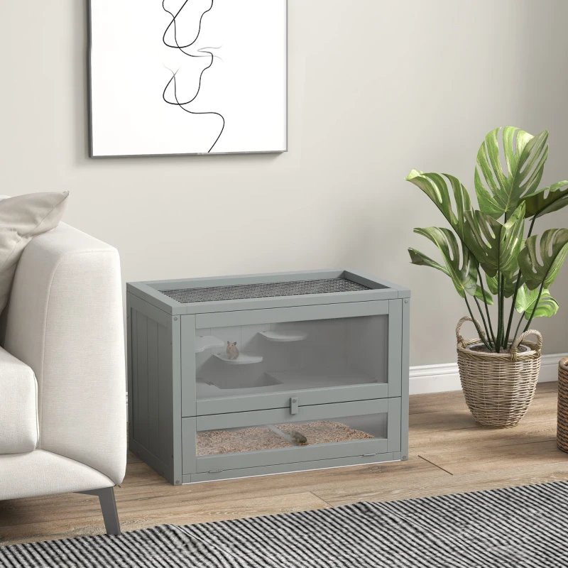 PawHut Gabbia per Criceti, Topi, Piccoli Roditori, Multi-Accessori, Rampa, Piattaforme, Tetto Apribile, Griglia, 60 x 35 x 42 cm, Grigio