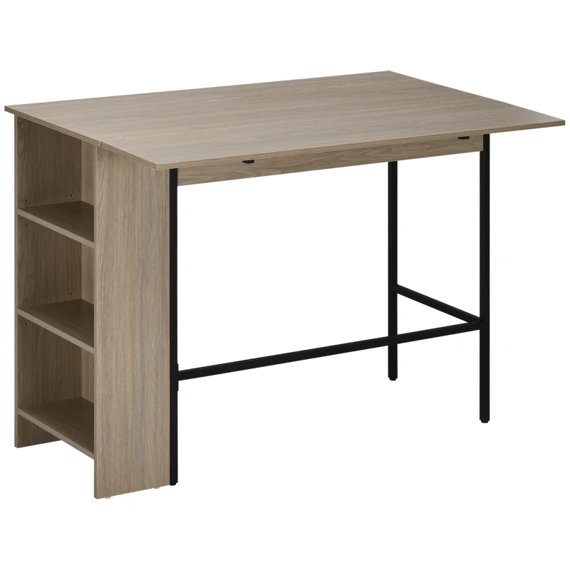 HOMCOM Isola Centrale Tavolo da Bar con Piano Laterale Ribaltabile e 3 Mensole, 120 x 76 x 91,4 cm, Grigio Chiaro