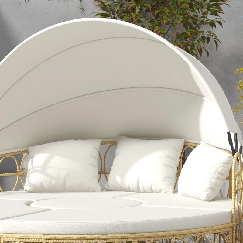 Outsunny Îlot de Soleil, 4 pièces, auvent rétractable, 5 coussins, aspect rotin, 178L x 85P x 66,5H cm, Beige
