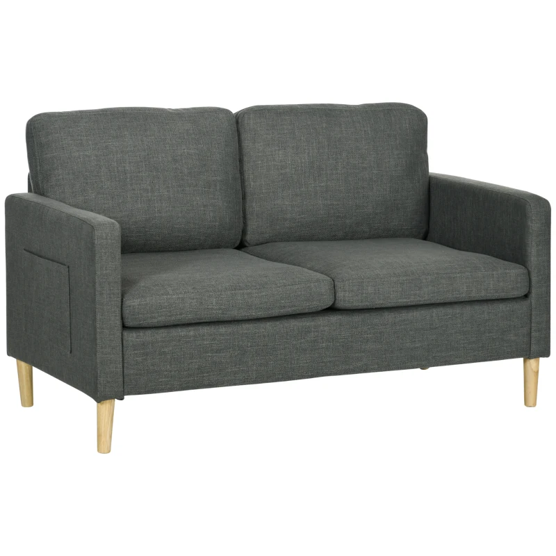 HOMCOM Divano a 2 posti Contemporaneo con tasche sugli braccioli, gambe in legno, rivestimento tessuto effetto lino, Grigio