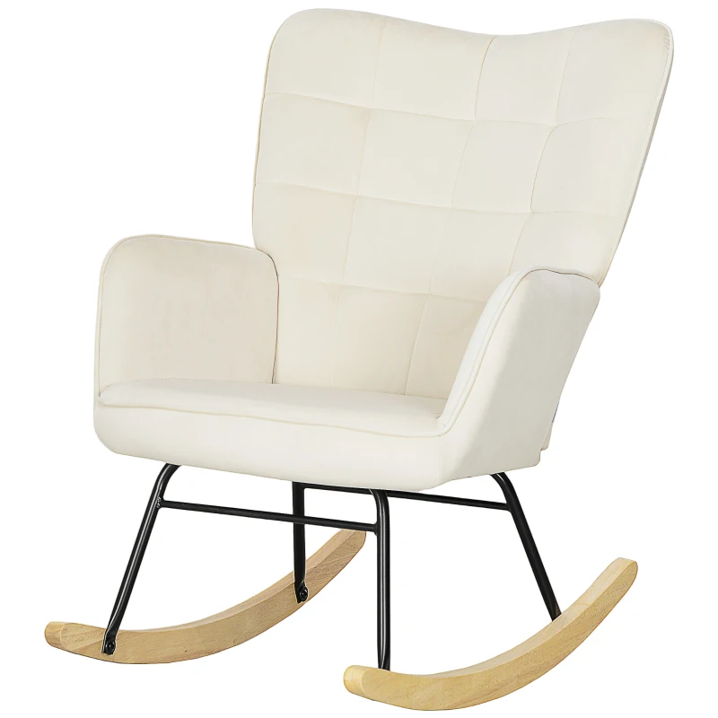 HOMCOM Sillón Mecedora acolchado grueso respaldo ancho madera de haya/marco de acero hasta 120 kg Beige