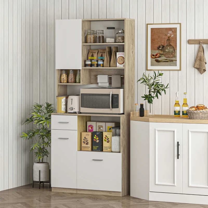 HOMCOM Armario de cocina alto Mueble de Almacenamiento moderno con estantes ajustables cajón Blanco y acabado de madera