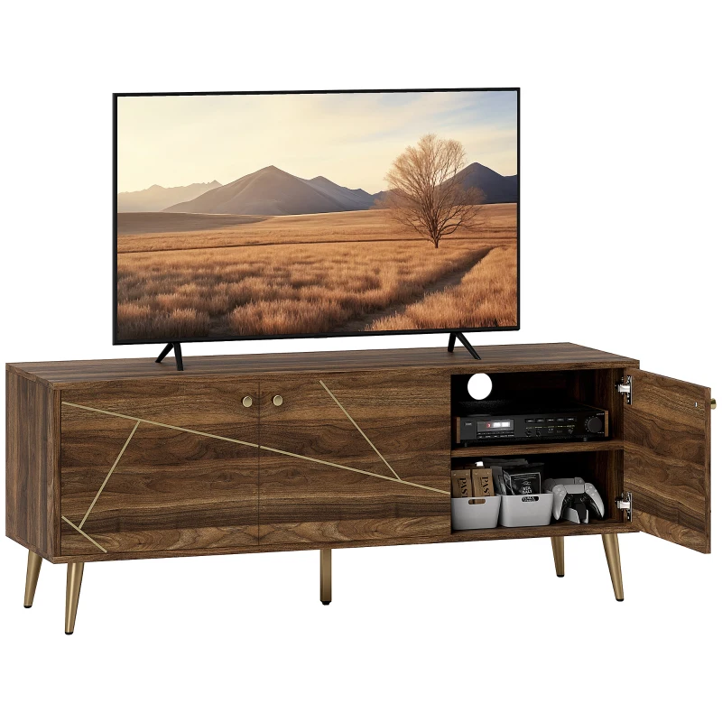 HOMCOM Mueble TV mueble tele de madera para televisores de hasta 60 pulgadas con armarios estantes patas de acero 130x40x52 cm Marrón