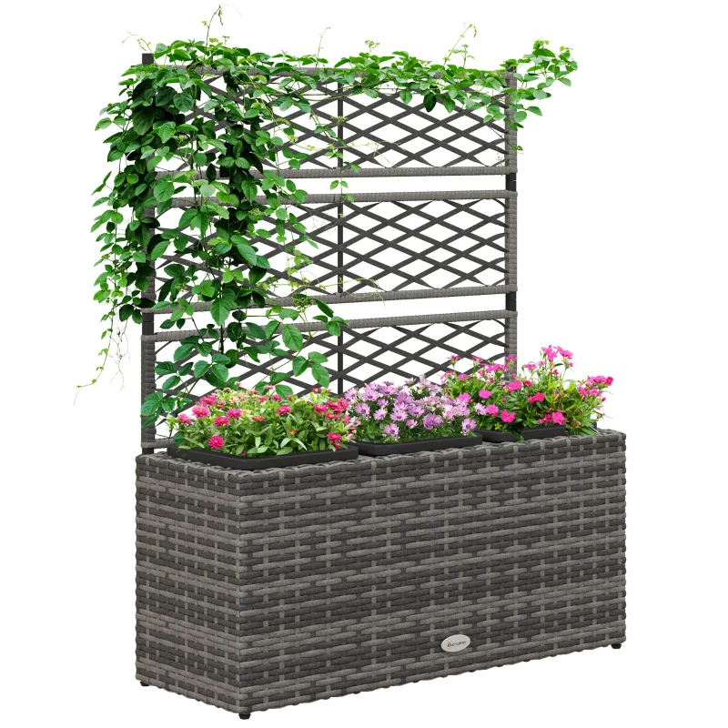 Outsunny Hochbeet mit Gitter für Kletterpflanzen mit 3 Töpfen aus Stahl und Rattan PE, 84x30x107cm, Grau