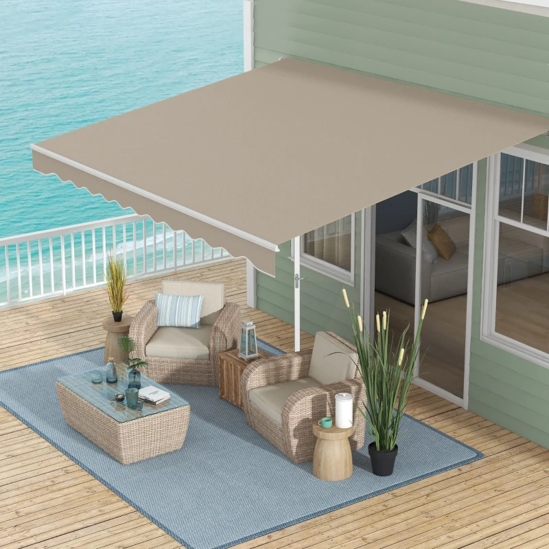 Outsunny Buiten handbediende knikarmluifel 4m met handslinger aluminium wit + beige(m-3)