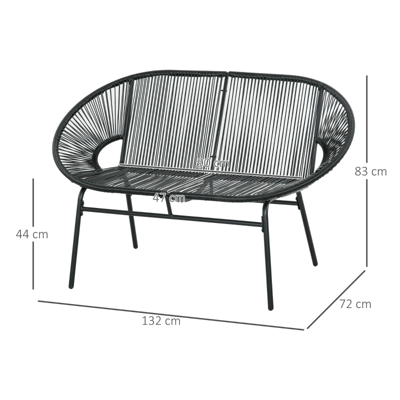 Outsunny Banqueta banco de jardín 2 plazas en metal y cuerda de resina con 2 cojines - 132x72x83 cm - Negro