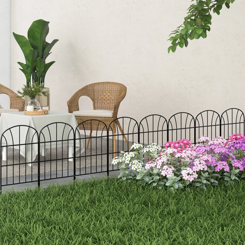 Outsunny Conjunto de 8 vallas de jardín decorativas, bordes de metal Negro con ornamentación - 264x61 cm Negro