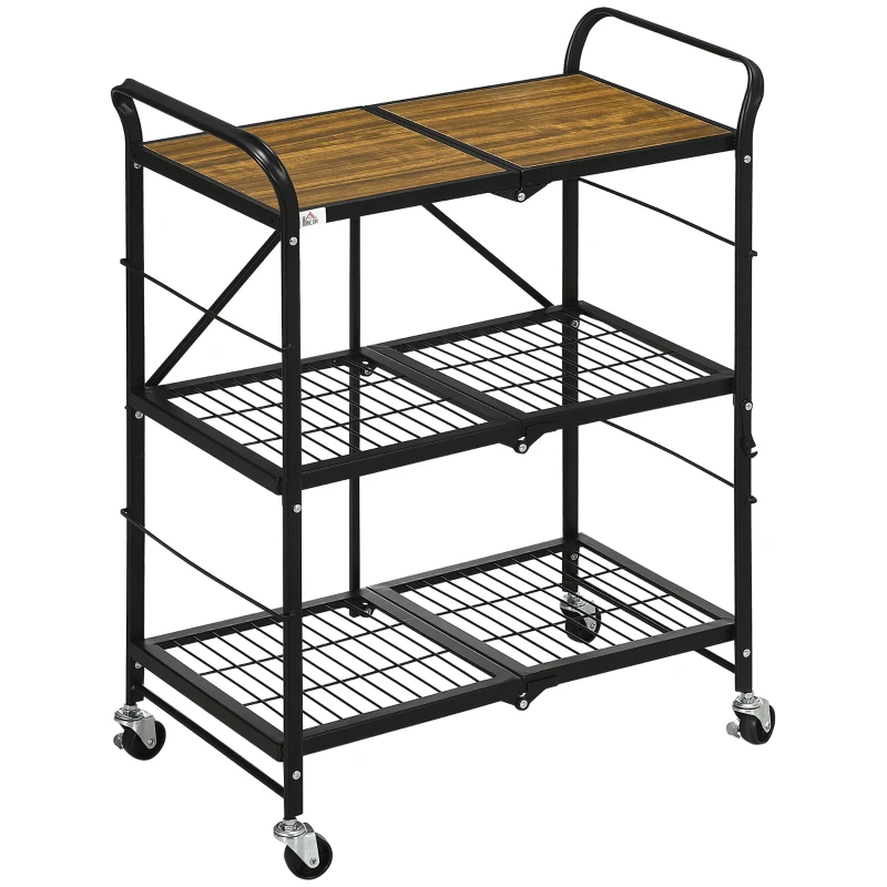 HOMCOM Carrello da cucina dal design industriale, con 3 ripiani, carrello multiuso, carrello da servizio, 4 ruote, pieghevole, Marrone + Nero