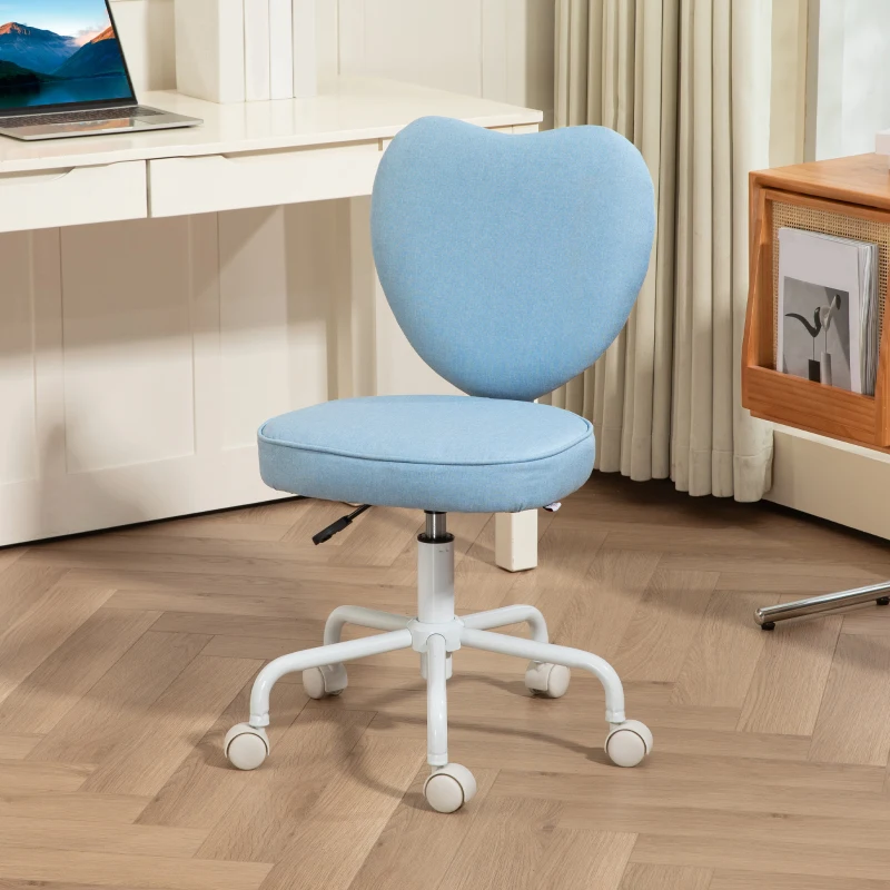 HOMCOM Chaise de Bureau en Cœur avec 5 Roulettes et Hauteur Réglable en Tissu, 40x50x79-89cm, Bleu