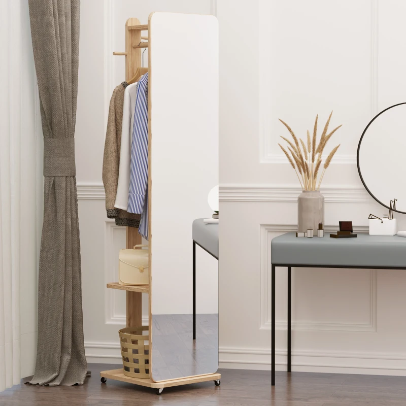 HOMCOM Specchio A Terra Con Ruote - Appendiabiti, 4 Ganci Ripiano MDF Effetto Legno Chiaro